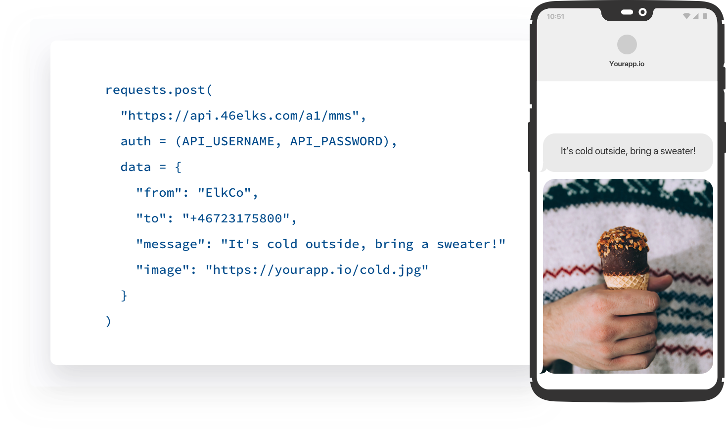 Python code that shows how to send an MMS message and a smart phone receiving an MMS message of an ice cream